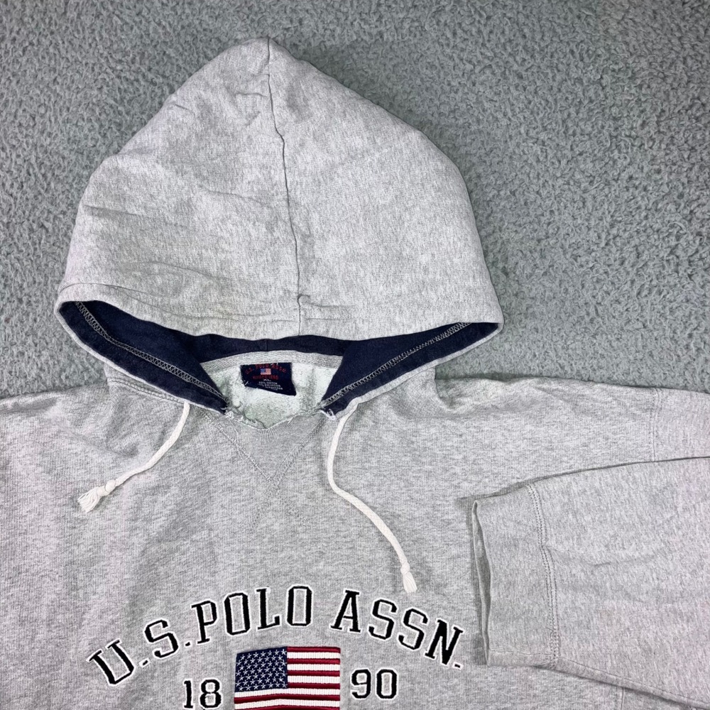 Vtg U.S. Polo Assn. Hoodie Men XL Gray USA Flag Embroidered Pullover y2k Grunge